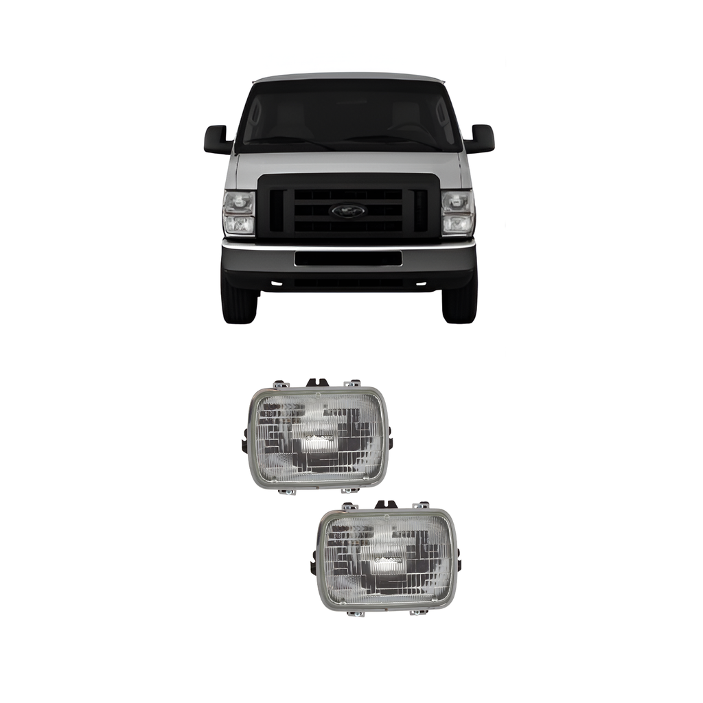 2007–2018 Ford E-350 Super Duty Headlight Set Left and Right Side Halogen w/ Bulb(s) (Set of 2) | OEM Fit