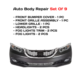 2013-2015 Honda Civic Front Bumper Cover Primed & Headlight Assembly Kit  | OEM Fit