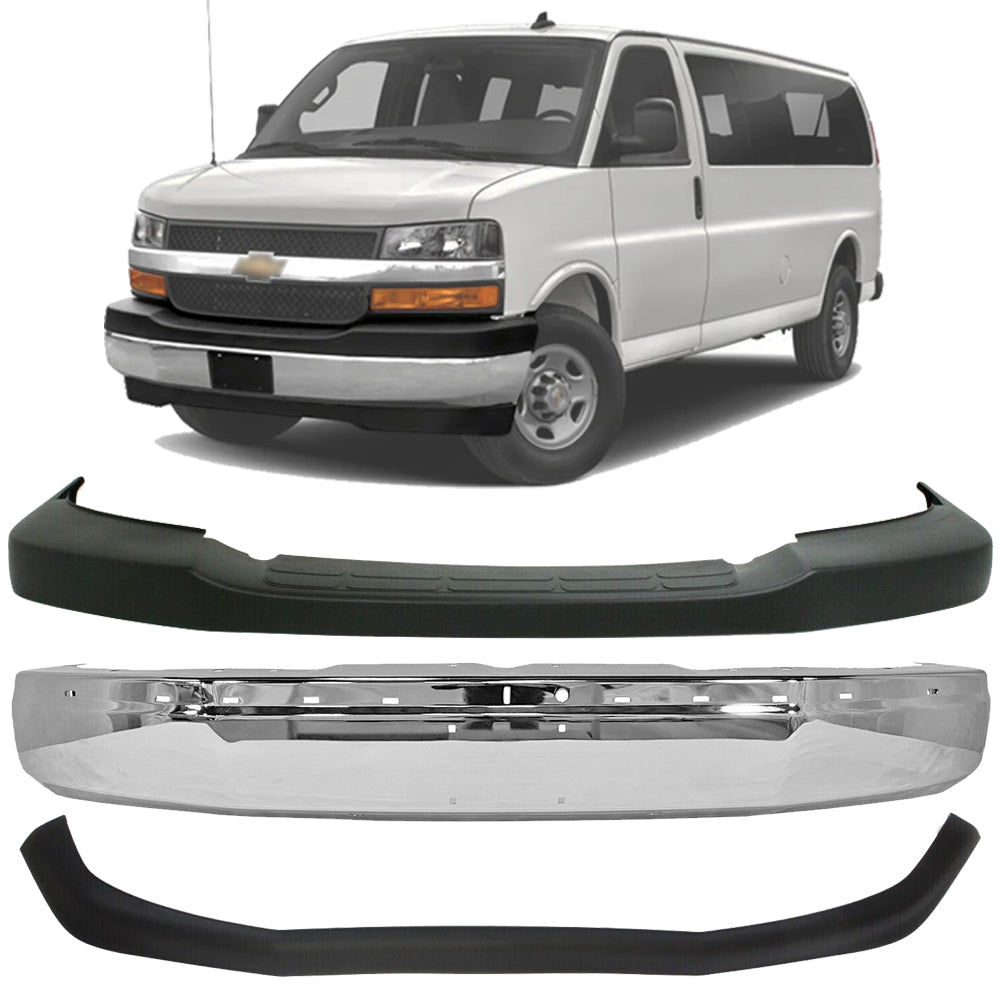 Front Bumper Chrome & Valance Kit For 2003-2023 Chevrolet Express / GMC Savana 1500 2500 3500 4500