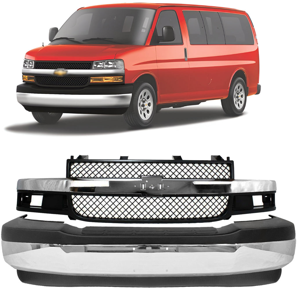 2003-2017 Chevy Express GMC Savana Front Bumper Chrome & Grille Assembly Kit | OEM Fit