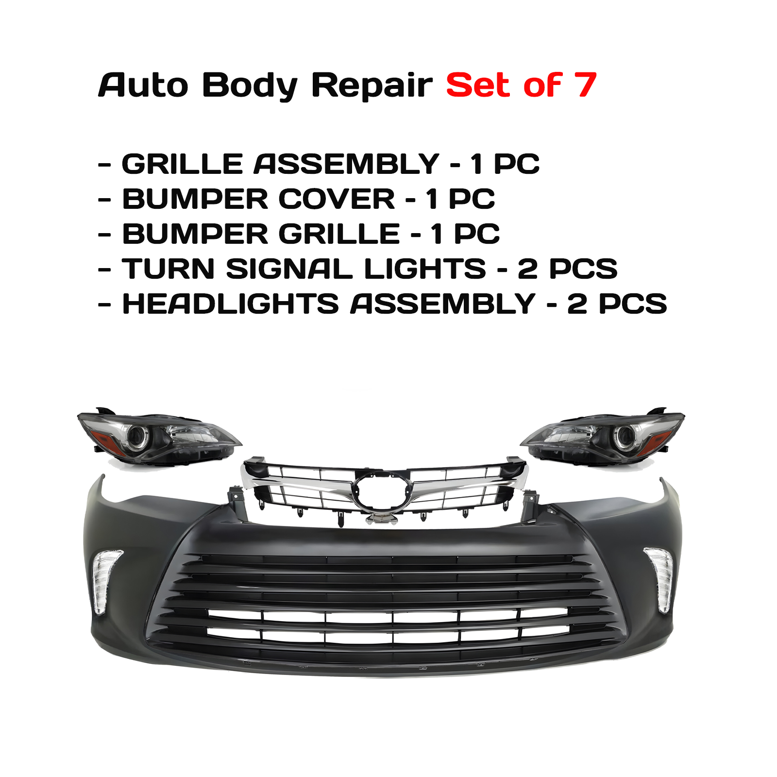 2015-2017 Toyota Camry Front Bumper Cover Primed & Headlights Assembly Kit | OEM Fit