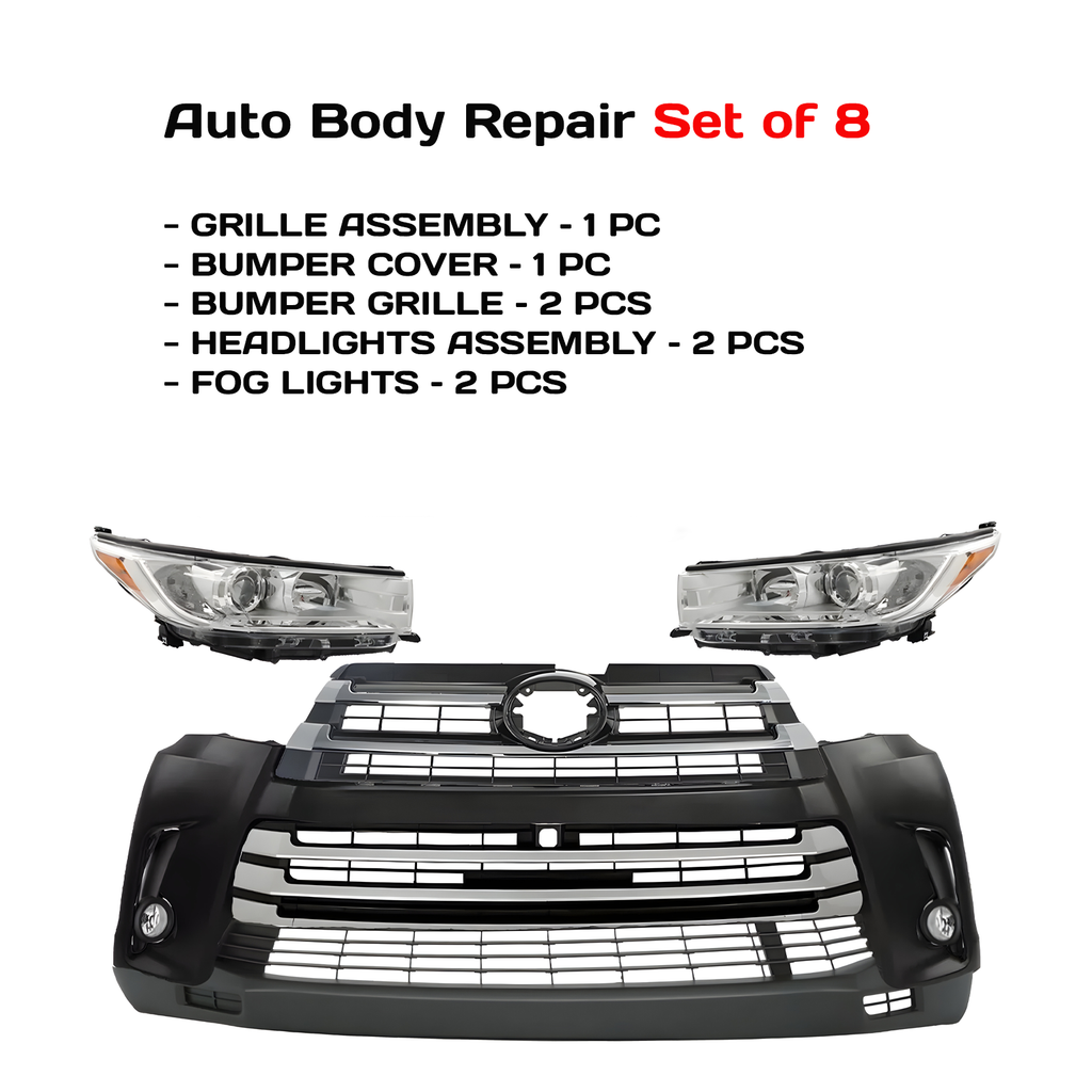 2017-2019 Toyota Highlander Front Bumper Cover Fascia Primed & Headlights Assembly Kit  | OEM Fit