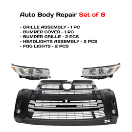 2017-2019 Toyota Highlander Front Bumper Cover Fascia Primed & Headlights Assembly Kit  | OEM Fit