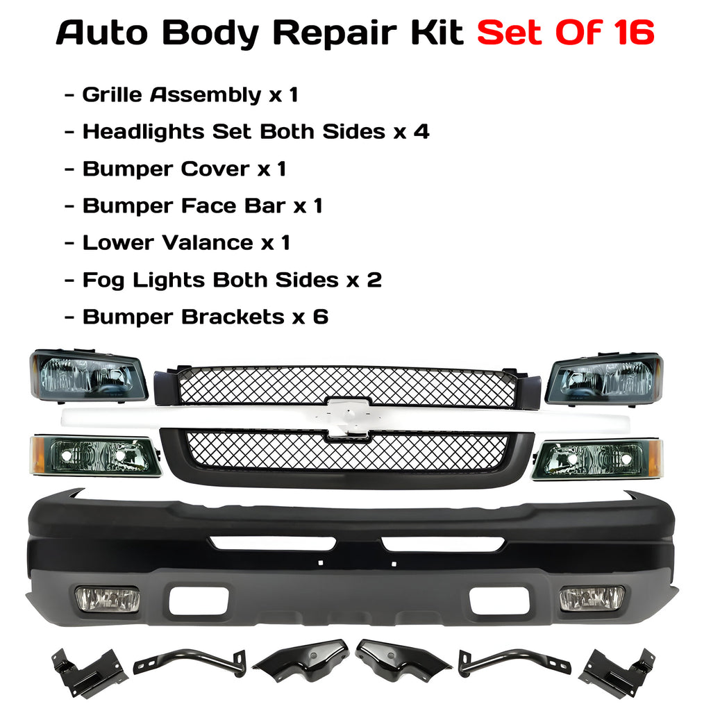 Front Bumper Primed & Headlights Assembly Kit For 2003-2007 Chevrolet Silverado 1500
