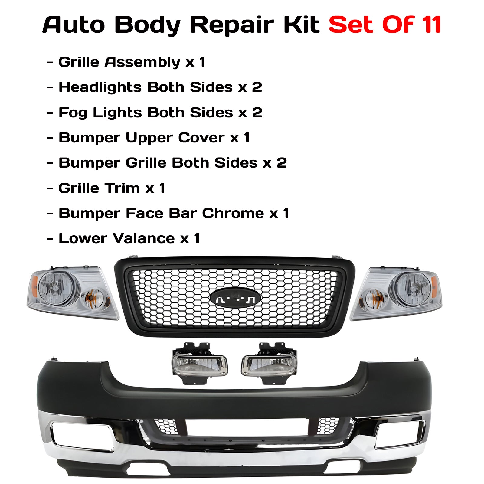 Replacement 2004–2005 Ford F-150 – 11-Piece Kit Front Bumper Chrome & Headlights Assembly, OEM Fit, Includes Grille, Headlights, Fog Lights, Bumper Cover, Grilles, Trim, Face Bar & Valance