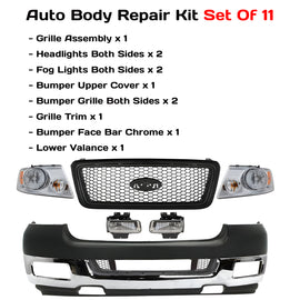 Replacement 2004–2005 Ford F-150 – 11-Piece Kit Front Bumper Chrome & Headlights Assembly, OEM Fit, Includes Grille, Headlights, Fog Lights, Bumper Cover, Grilles, Trim, Face Bar & Valance