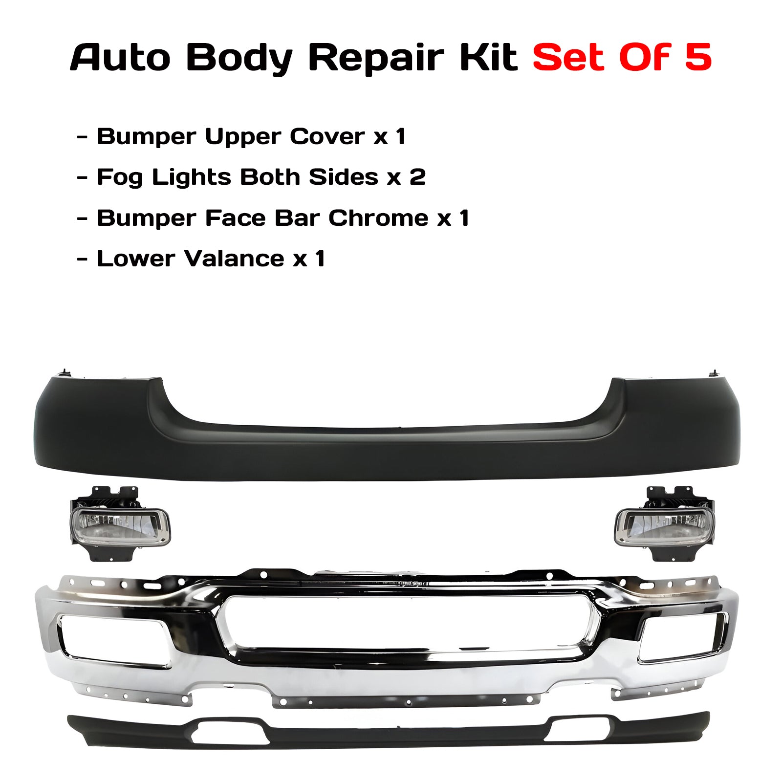 Kit Replacement 2004–2005 Ford F-150 – 5-Piece Kit Front Bumper Face Bar Chrome & Fog Lights Assembly, OEM Fit, Includes Bumper Upper Cover, Fog Lights, Bumper Face Bar & Lower Valance