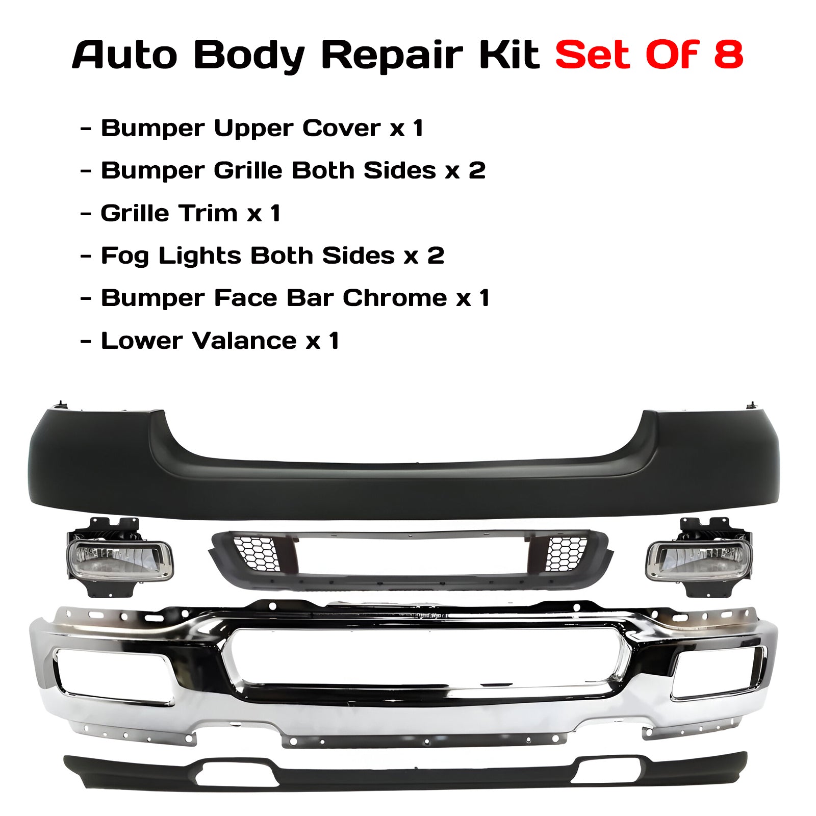 Kit Replacement 2004–2005 Ford F-150 – 8-Piece Kit Front Bumper Chrome Steel & Fog Lights Assembly, OEM Fit, Includes Bumper Upper Cover, Bumper Grilles, Grille Trim, Fog Lights, Bumper Face Bar & Lower Valance