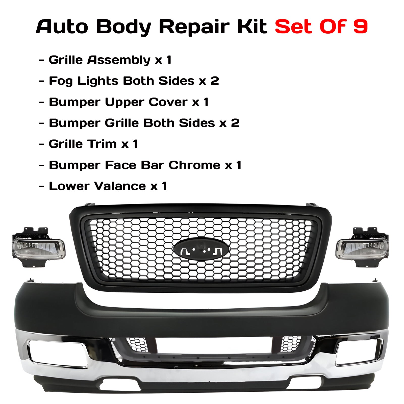 Replacement 2004–2005 Ford F-150 – 9-Piece Kit Front Bumper Chrome & Fog Lights Assembly, OEM Fit, Includes Grille, Fog Lights, Bumper Upper Cover, Bumper Grilles, Grille Trim, Bumper Face Bar & Lower Valance