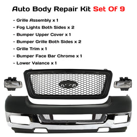 Replacement 2004–2005 Ford F-150 – 9-Piece Kit Front Bumper Chrome & Fog Lights Assembly, OEM Fit, Includes Grille, Fog Lights, Bumper Upper Cover, Bumper Grilles, Grille Trim, Bumper Face Bar & Lower Valance