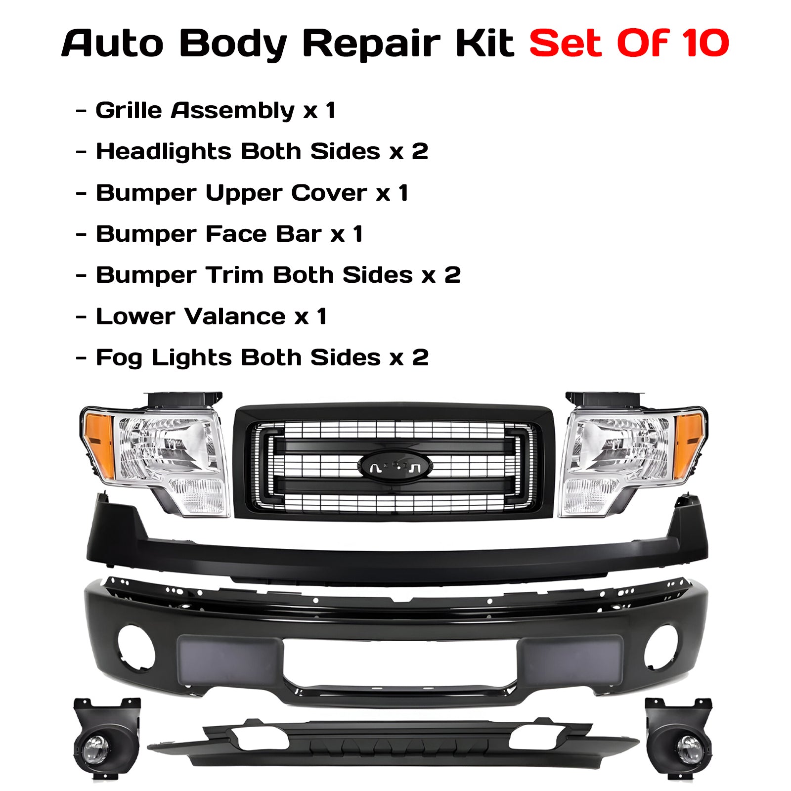Kit Replacement 2009–2014 Ford F-150 Front Bumper & Grille Assembly Kit, Paintable/Primed, OEM Fit, Includes Bumper, Grille, Headlights, Trims, Valance & Fog Lights Kit