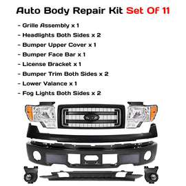 Replacement 2009–2014 Ford F-150 – 11-Piece Kit Front Grille Assembly Primed & Bumper Paintable, OEM Fit, Includes Grille, Headlights, Bumper Upper Cover, Bumper Face Bar, License Bracket, Bumper Trims, Valance & Fog Lights