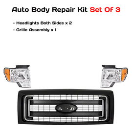 2009-2014 Ford F-150 Front Grille Assembly Paintable Frame & Headlights Kit | OEM Fit