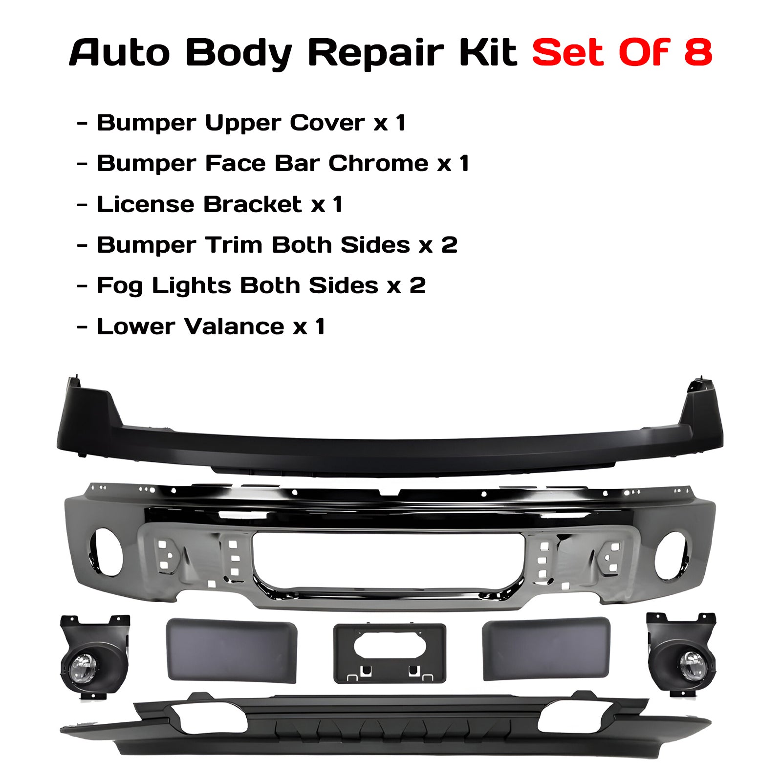 Replacement 8 PCs Kit for 2009–2014 Ford F-150, Front Bumper Chrome Steel & Fog Lights Assembly Kit | OEM Fit
