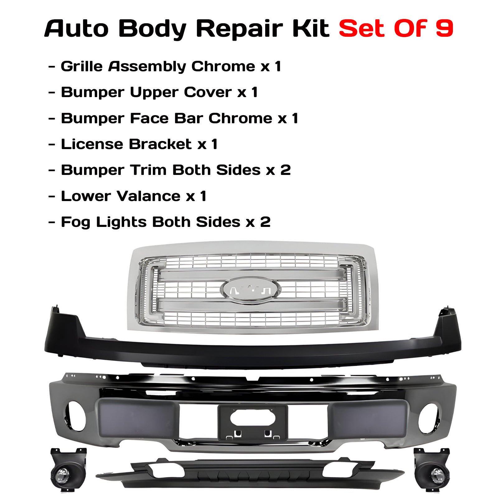 Kit Replacement for 2009–2014 Ford F-150, – 9-Piece Kit Front Bumper Chrome Steel & Grille Assembly Chrome, OEM Fit, Includes Grille, Bumper Cover, Face Bar, License Bracket, Bumper Trims, Valance & Fog Lights Kit
