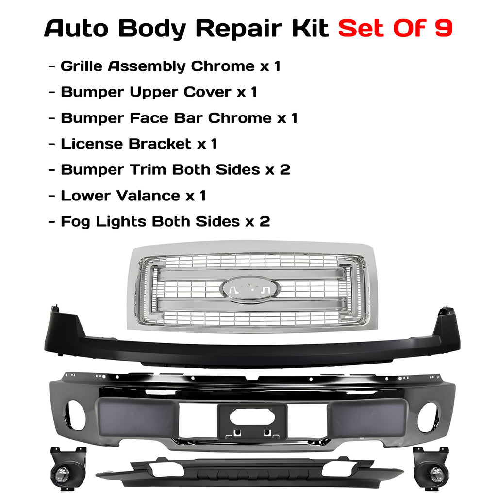 Front Bumper Chrome Steel & Grille Assembly Chrome Kit For 2009-2014 Ford F-150