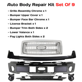 Replacement 2009–2014 Ford F-150 – 9-Piece Kit Front Bumper Chrome Steel & Grille Assembly Chrome, OEM Fit, Includes Grille, Bumper Cover, Face Bar, License Bracket, Bumper Trims, Valance & Fog Lights