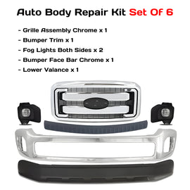 Replacement 2011–2016 Ford F-250/F-350 Super Duty – 6-Piece Kit Front Bumper Chrome & Grille Assembly, OEM Fit, Includes Grille, Bumper Trim, Fog Lights, Bumper Face Bar & Lower Valance