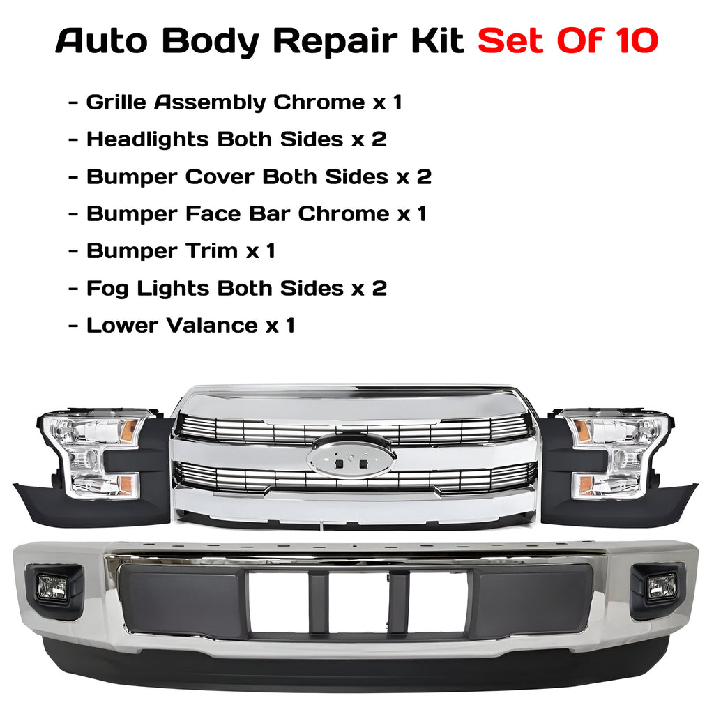 Front Bumper Chrome & Headlight Assembly Kit For 2015-2017 Ford F150 Truck