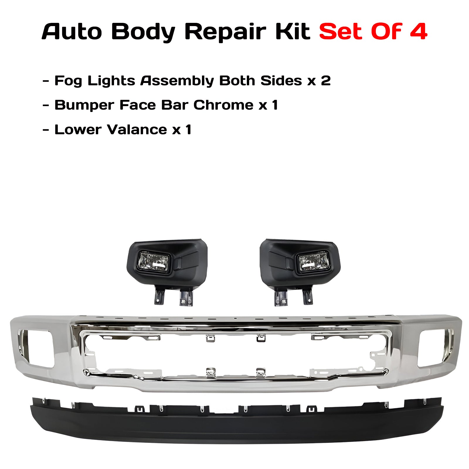 Kit Replacement 2015–2017 Ford F-150 – 4-Piece Kit Front Bumper Chrome & Fog Lights Assembly, OEM Fit, Includes Fog Lights, Bumper Face Bar & Lower Valance