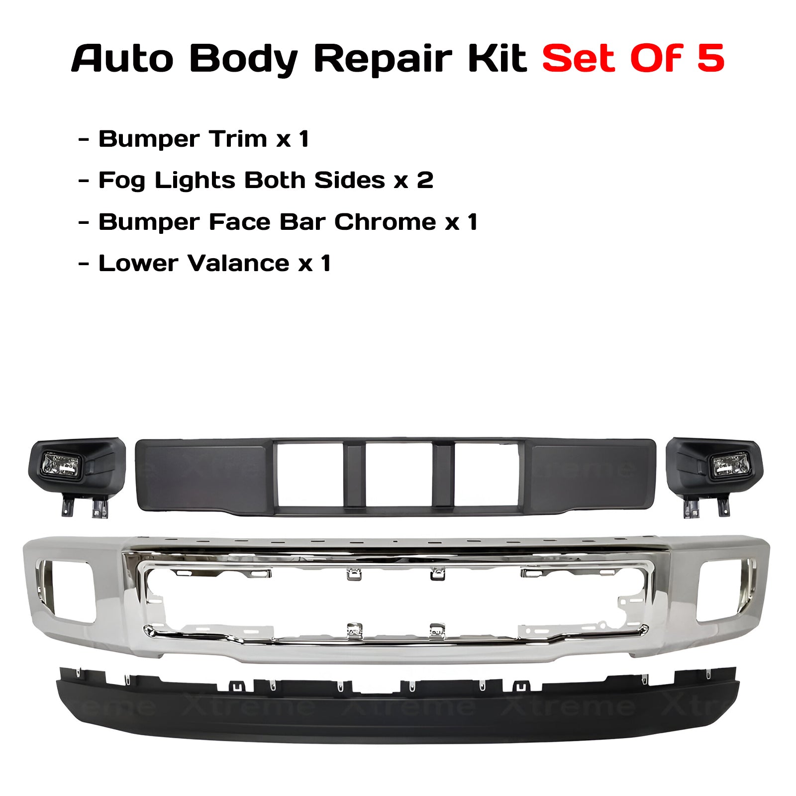 Kit Replacement 2015–2017 Ford F-150 – 5-Piece Kit Front Bumper Chrome & Fog Lights Assembly, OEM Fit, Includes Bumper Trim, Fog Lights, Bumper Face Bar & Lower Valance