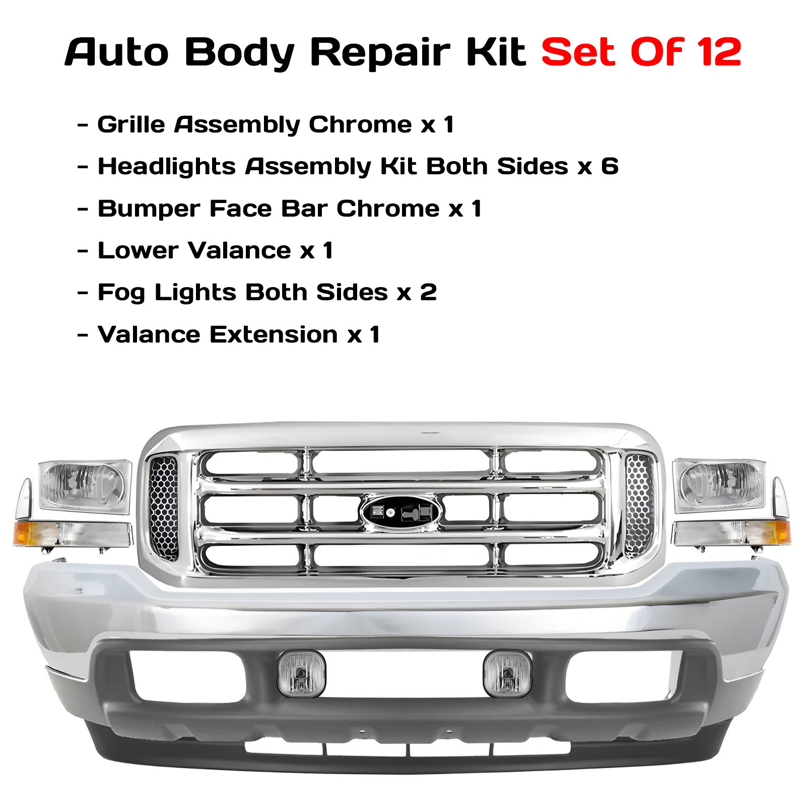 1999–2004 Ford F-250  12 PCs Super Duty Front Bumper KIT – Includes Grille Assembly | Chrome Finish | OEM Fit