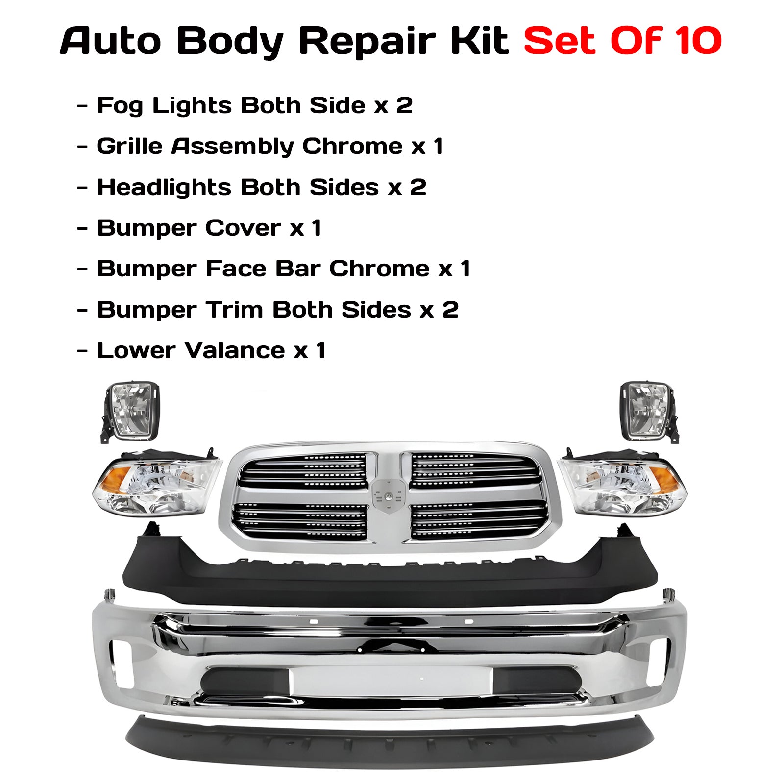 10 Pcs Kit for 2013-2018 Ram 1500 & 2019-2022 Ram 1500 Classic Front Bumper Chrome & Grille Assembly Kit  | OEM Fit