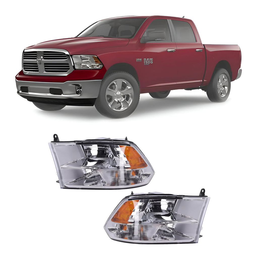 Front Headlights W/Bulbs Chrome For 2013-2018 Ram 1500 & 2019-2022 Ram 1500 Classic