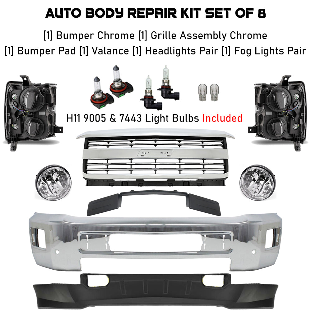 Front Bumper Chrome & Headlight Kit For 2015-2019 Chevrolet Silverado 2500 HD 3500 HD