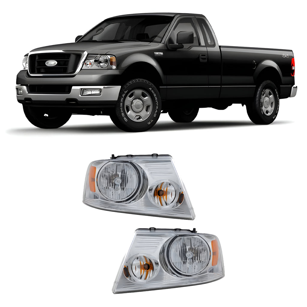 Front Headlights W/Bulbs Chrome For 2004-2005 Ford F-150 Truck