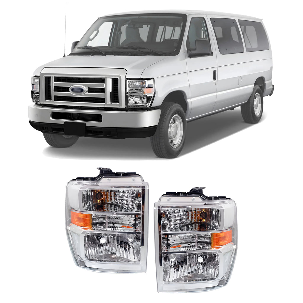 Front Headlight Set W/Bulbs For 2008-2019 Ford E-150 E-250 E-350 Super Duty & E-450 Super Duty