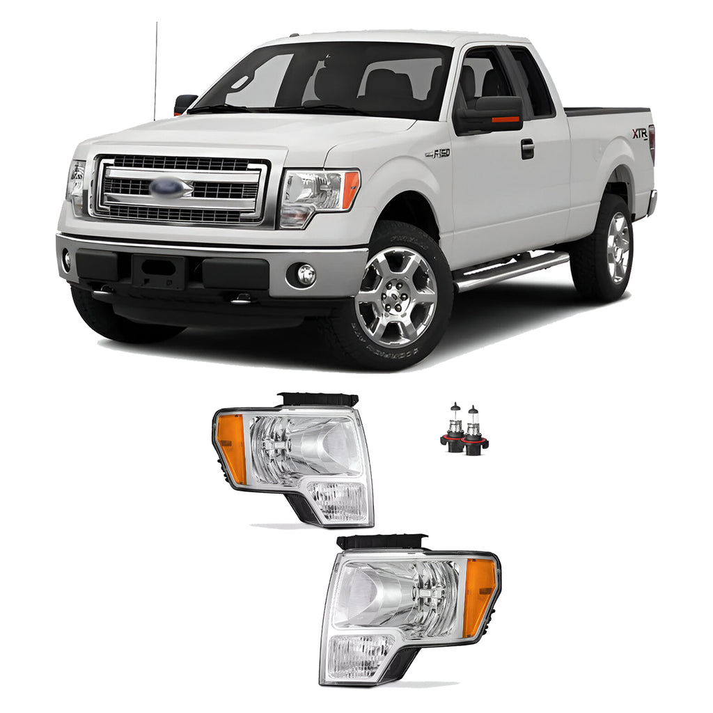 Front Headlight W/ Bulbs Chrome For 2009-2014 Ford F-150