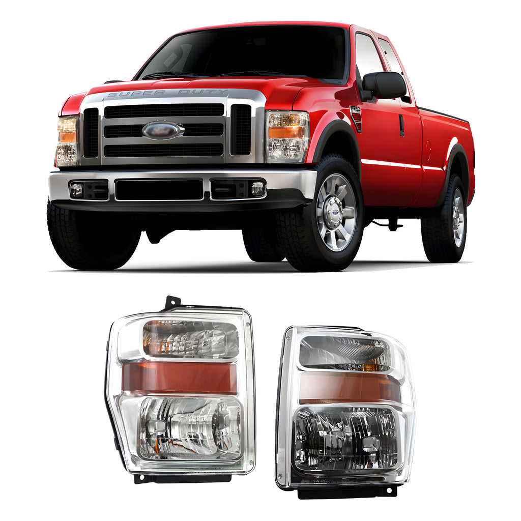 Front Headlights W/Bulbs Chrome For 2008-2010 Ford F-250 Super Duty F-350 Super Duty