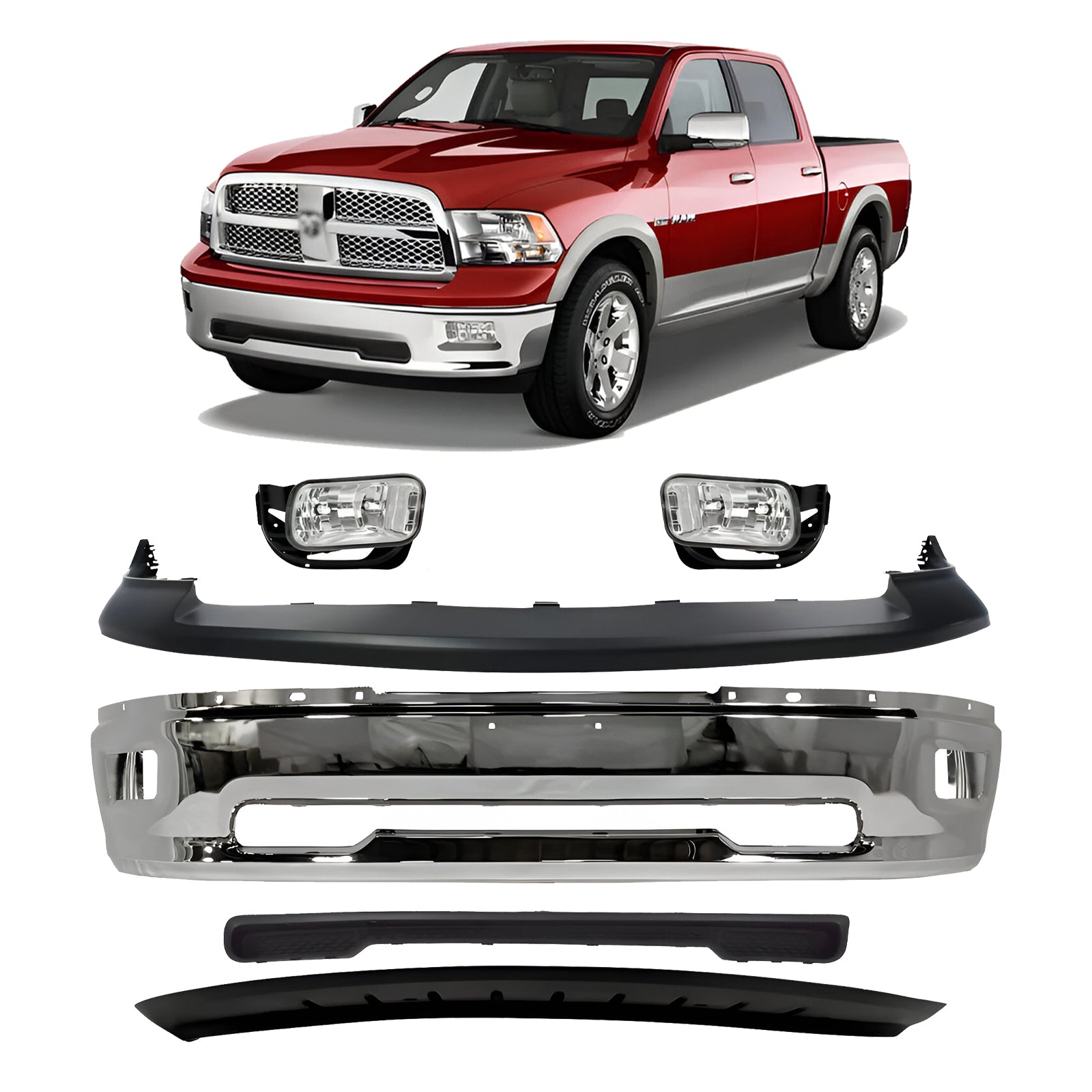 2009-2010 Dodge Ram 1500 & 2011-2012 Ram 1500 Front Bumper Chrome & Fog Lights Kit  | OEM Fit