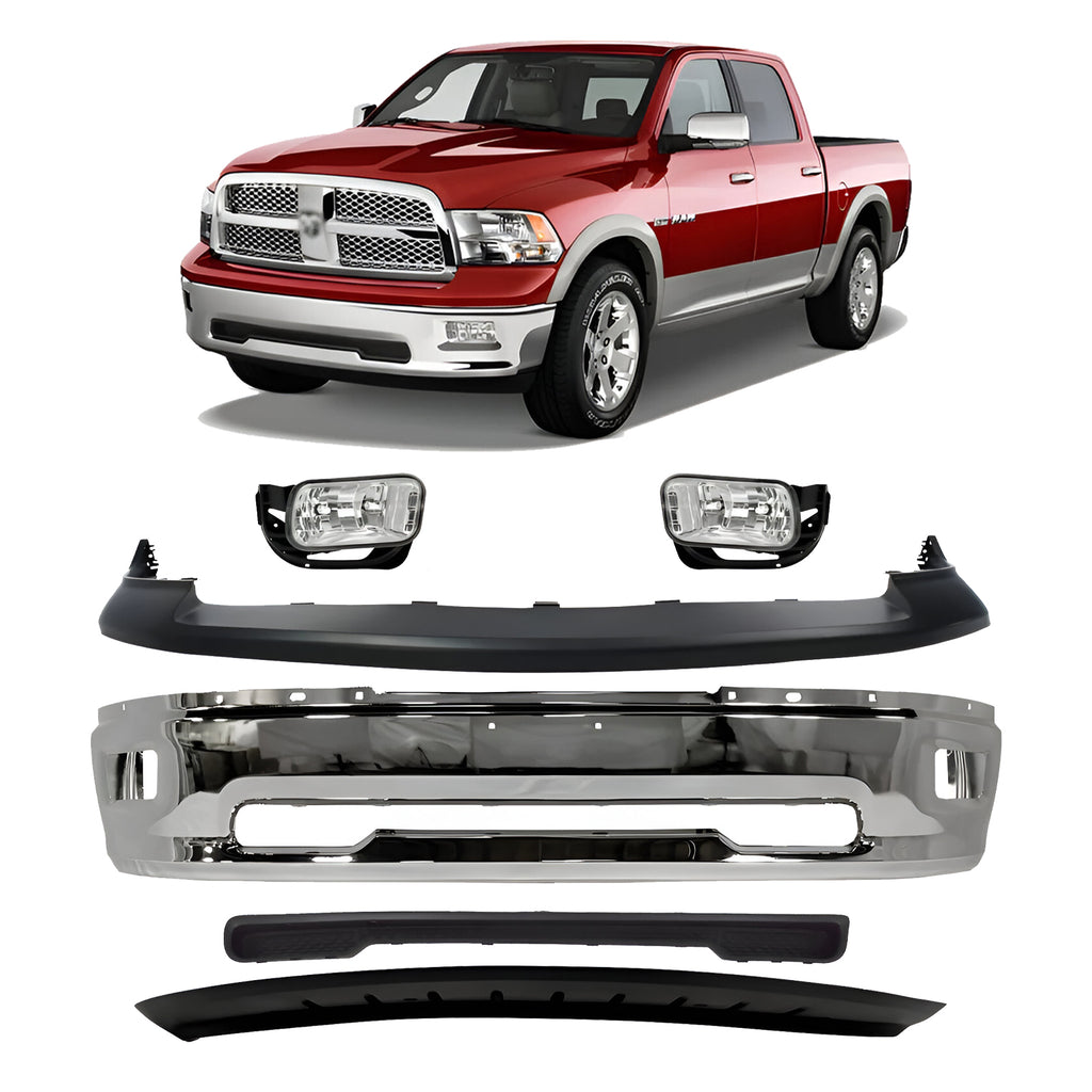 Front Bumper Chrome & Fog Lights Kit For 2009-2010 Dodge Ram 1500 & 2011-2012 Ram 1500