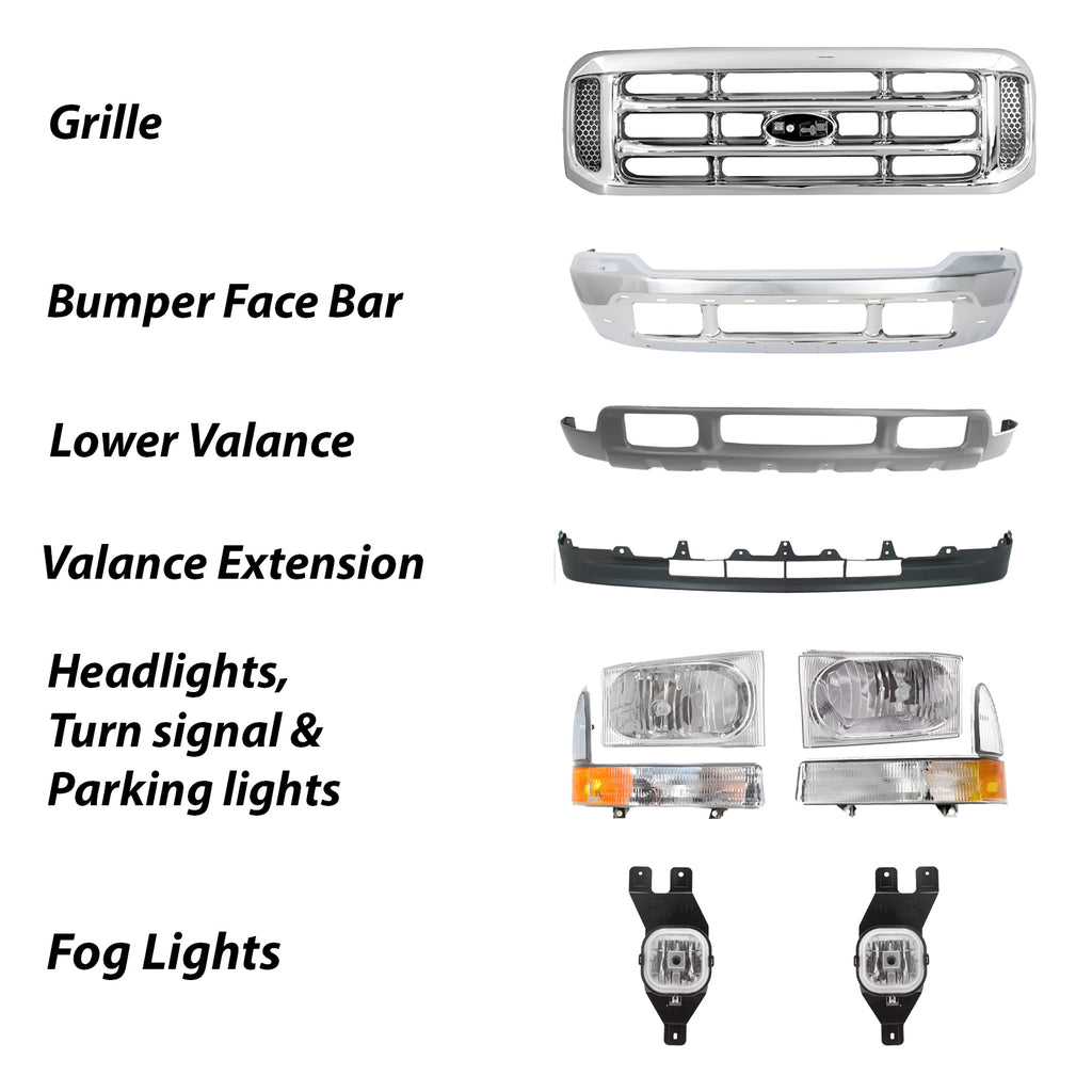 Front Bumper Chrome & Grille Assembly Kit For 1999-2004 Ford F-250 Super Duty