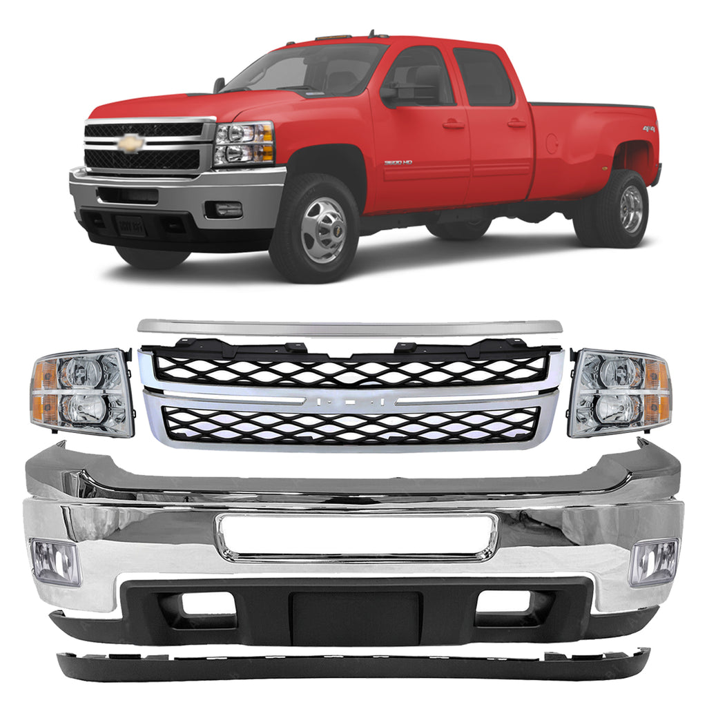 2011-2014 Chevrolet Silverado 2500HD 3500 HD Front Bumper Chrome & Headlights Kit | OEM Fit