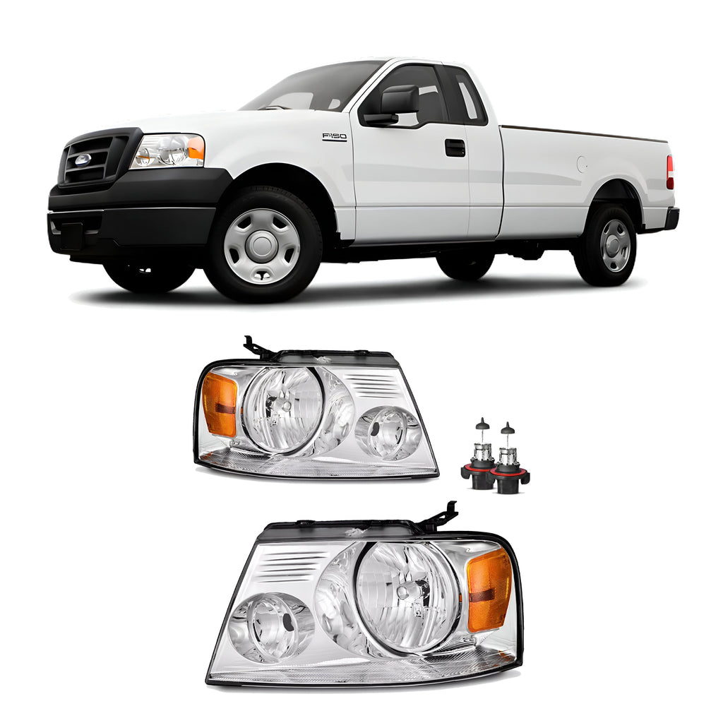 Front Headlights W/Bulbs Chrome For 2006-2008 Ford F150 Truck