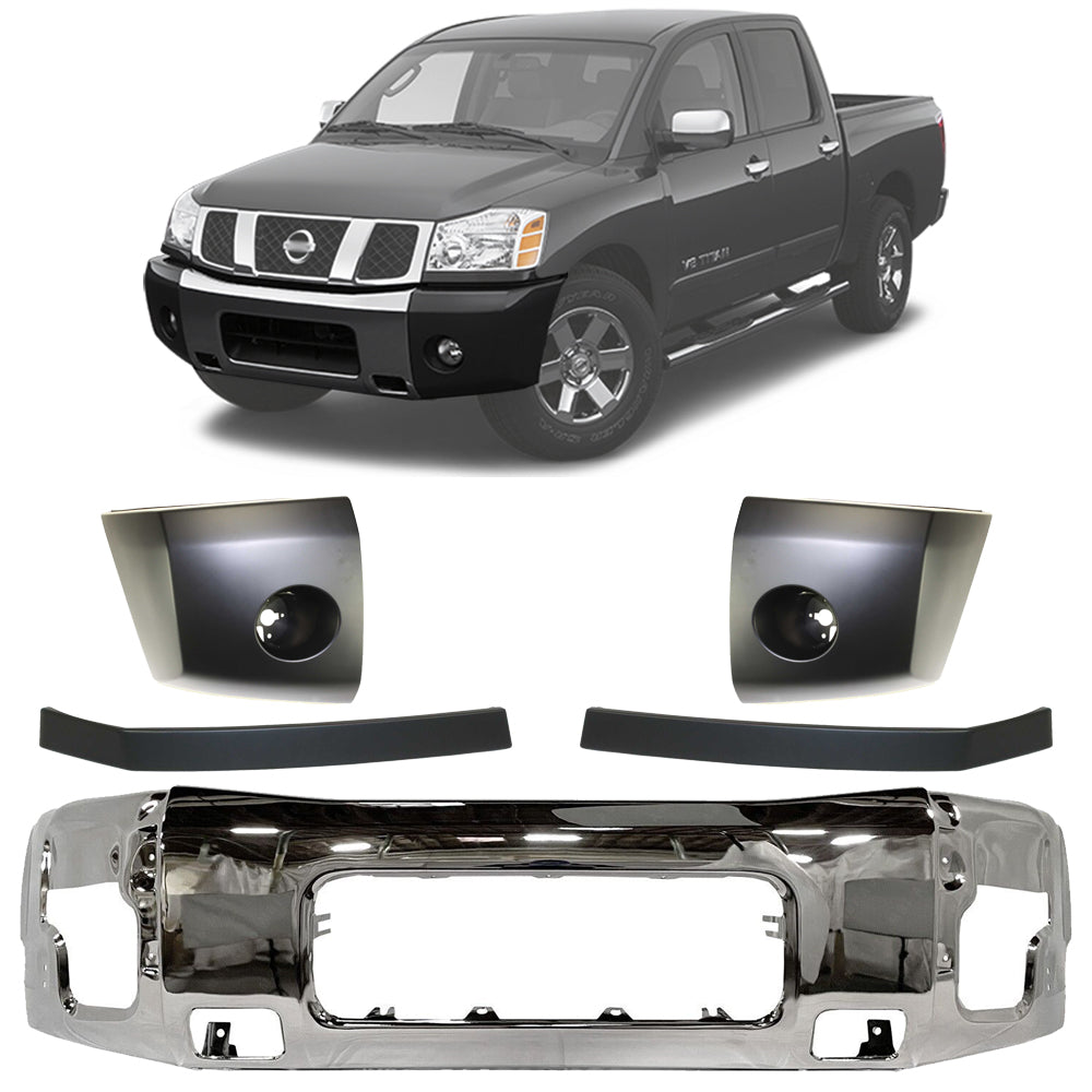 Front Bumper Chrome & Bumper End Caps Kit For 2004-2007 Nissan Titan