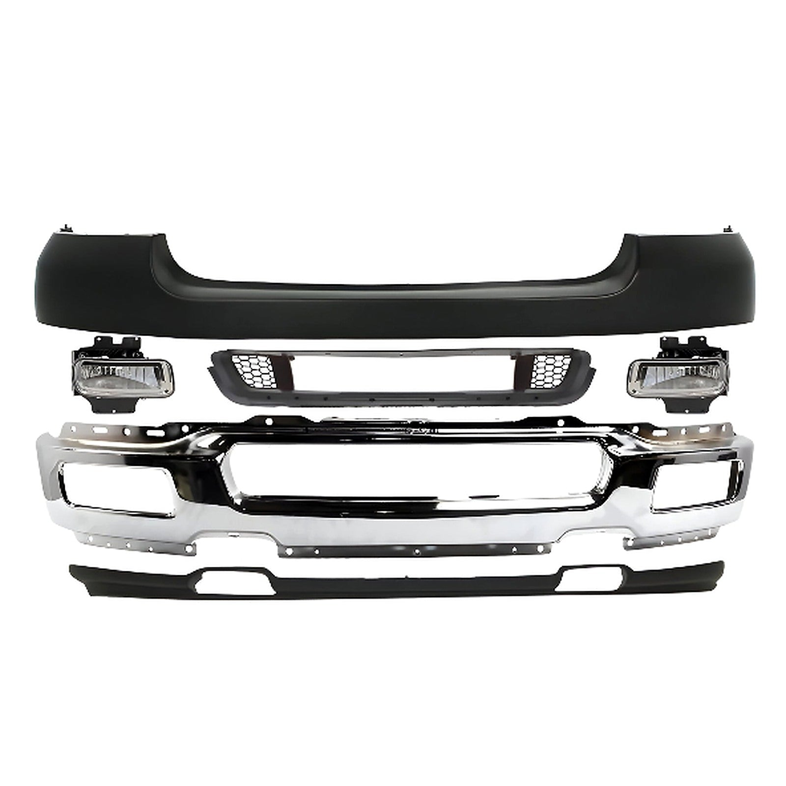 Kit Replacement 2004–2005 Ford F-150 – 8-Piece Kit Front Bumper Chrome Steel & Fog Lights Assembly, OEM Fit, Includes Bumper Upper Cover, Bumper Grilles, Grille Trim, Fog Lights, Bumper Face Bar & Lower Valance