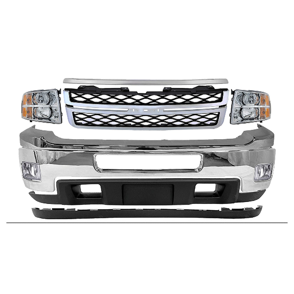 2011-2014 Chevrolet Silverado 2500HD 3500 HD Front Bumper Chrome & Headlights Kit | OEM Fit