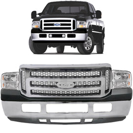 Replacement 2005–2007 Ford F-250/F-350 Super Duty – 8-Piece Kit Front Chrome Bumper with Valance & Grille Assembly, OEM Fit, Includes Bumper, Lower Valance, Grille Assembly, Upper Cover & Headlights (Pair)