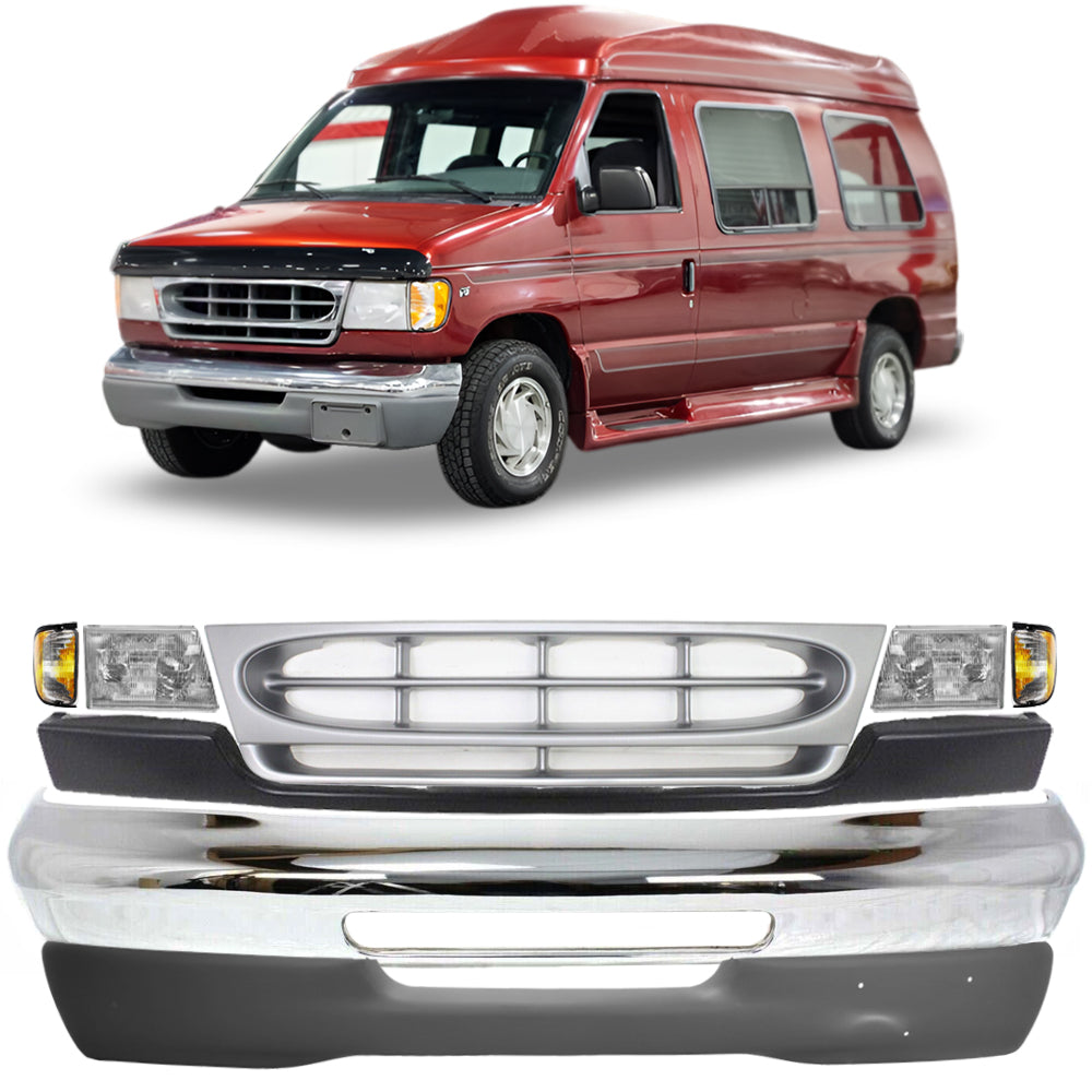 1997-2002 Ford Econoline Wagon Front Bumper Face Bar & Grille Kit | OEM Fit