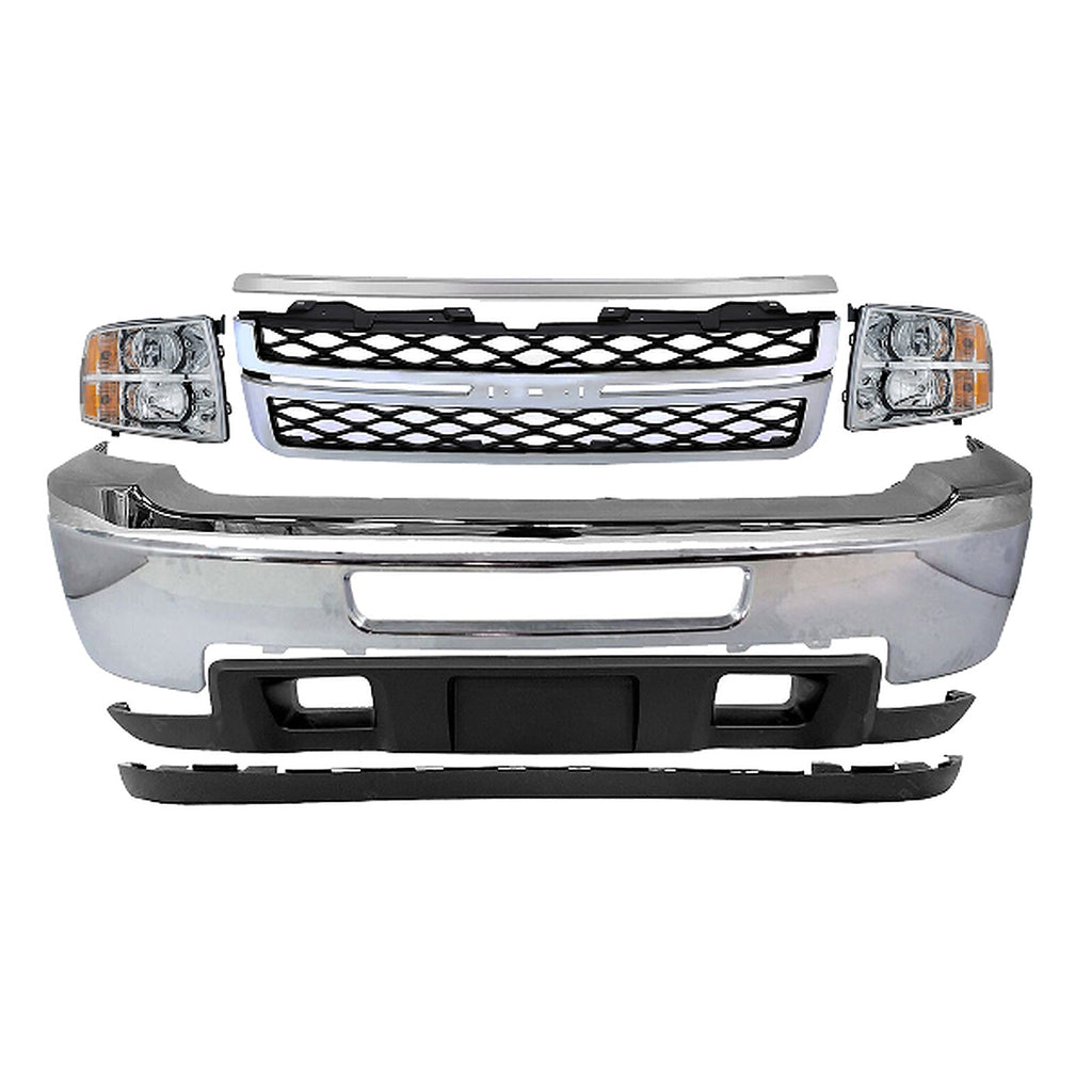 2011-2014 Chevrolet Silverado 2500HD 3500 HD Front Bumper Chrome & Headlights Kit | OEM Fit
