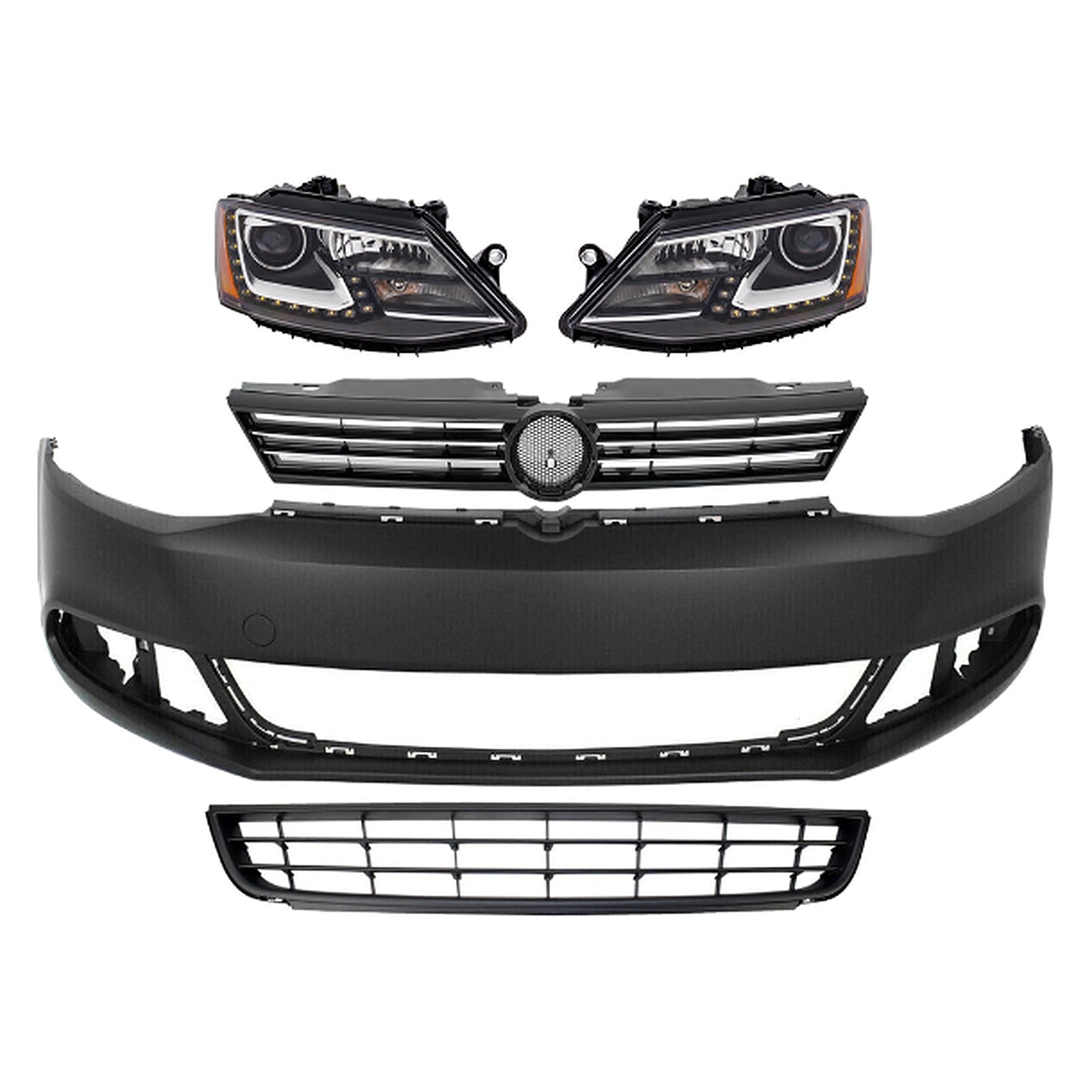 2011-2014 Volkswagen Jetta Front Bumper Cover Paintable & Headlights Kit | OEM Fit