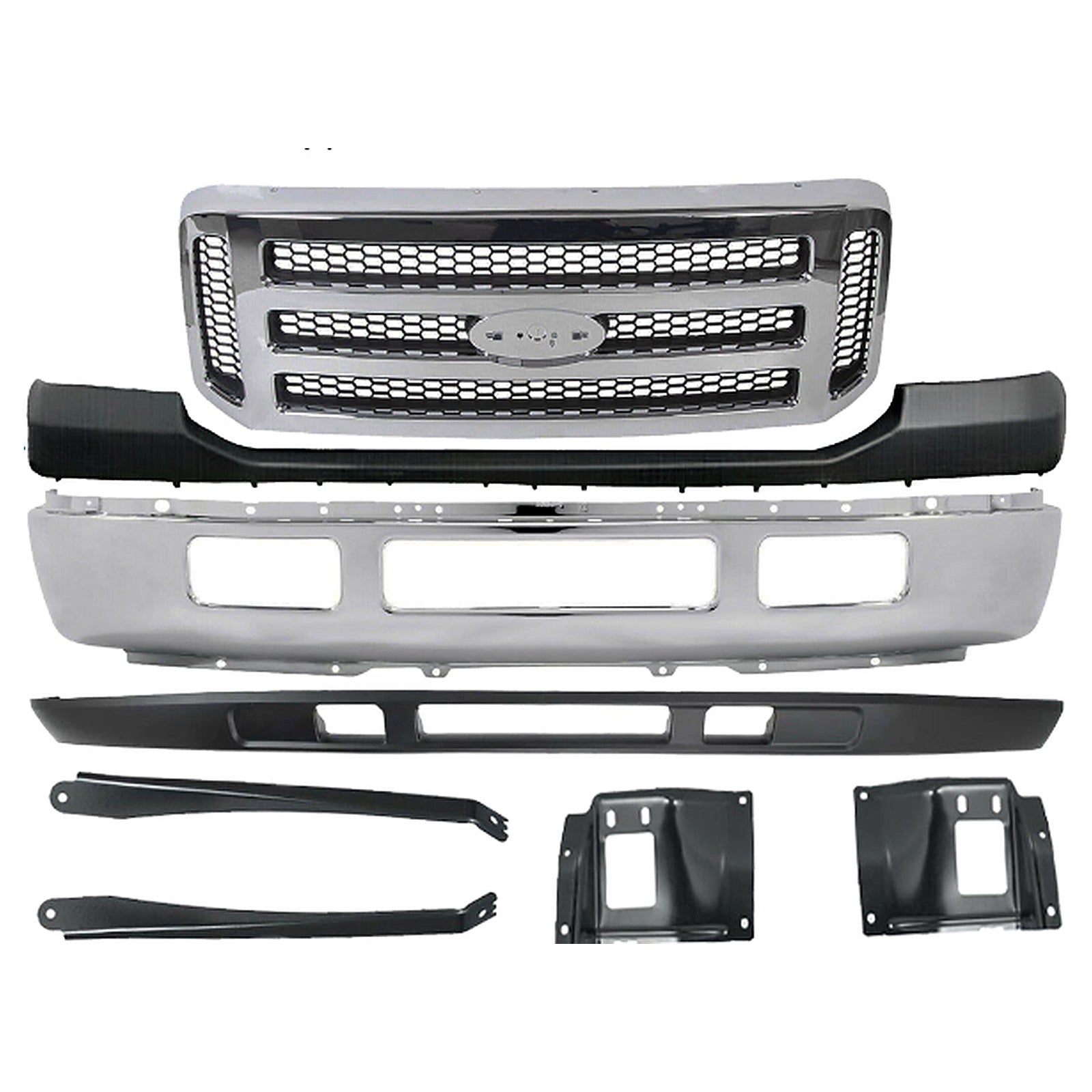 Kit Replacement 2005–2007 Ford F-250/F-350 Super Duty – 8-Piece Kit Front Bumper Chrome with Grille & Brackets, OEM Fit, Includes Bumper, Lower Valance, Grille Assembly, Upper Cover & Brackets (Set of 4)