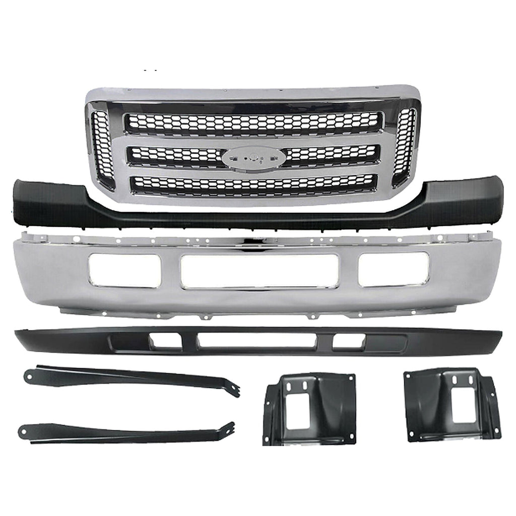 Kit Replacement 2005–2007 Ford F-250/F-350 Super Duty – 8-Piece Kit Front Bumper Chrome with Grille & Brackets, OEM Fit, Includes Bumper, Lower Valance, Grille Assembly, Upper Cover & Brackets (Set of 4)