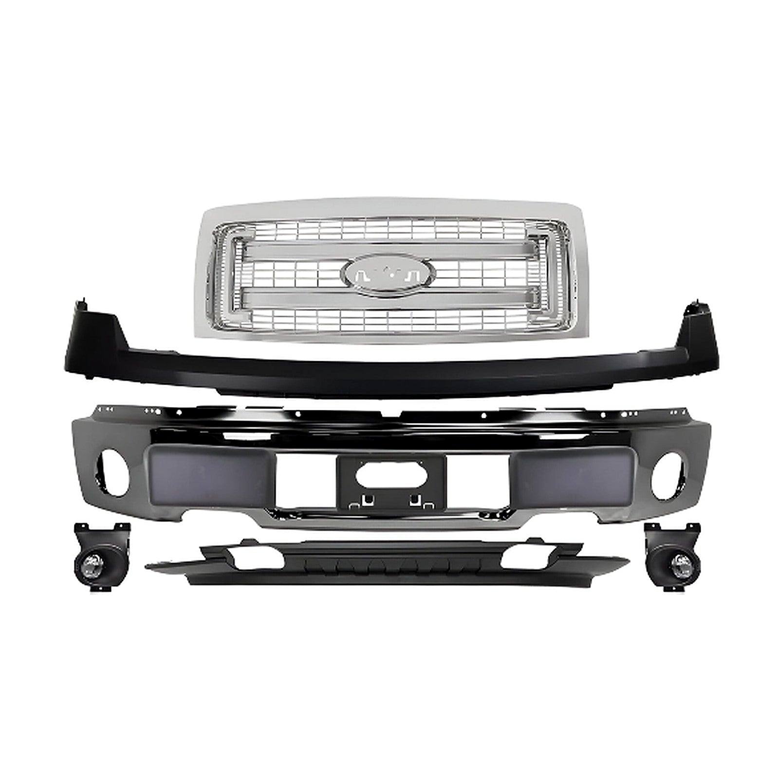 Kit Replacement for 2009–2014 Ford F-150, – 9-Piece Kit Front Bumper Chrome Steel & Grille Assembly Chrome, OEM Fit, Includes Grille, Bumper Cover, Face Bar, License Bracket, Bumper Trims, Valance & Fog Lights Kit