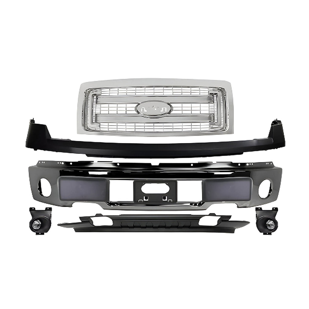 Kit Replacement for 2009–2014 Ford F-150, – 9-Piece Kit Front Bumper Chrome Steel & Grille Assembly Chrome, OEM Fit, Includes Grille, Bumper Cover, Face Bar, License Bracket, Bumper Trims, Valance & Fog Lights Kit