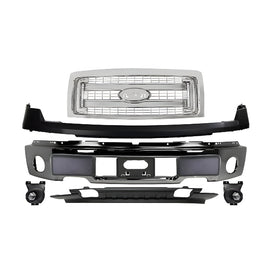 Kit Replacement for 2009–2014 Ford F-150, – 9-Piece Kit Front Bumper Chrome Steel & Grille Assembly Chrome, OEM Fit, Includes Grille, Bumper Cover, Face Bar, License Bracket, Bumper Trims, Valance & Fog Lights Kit